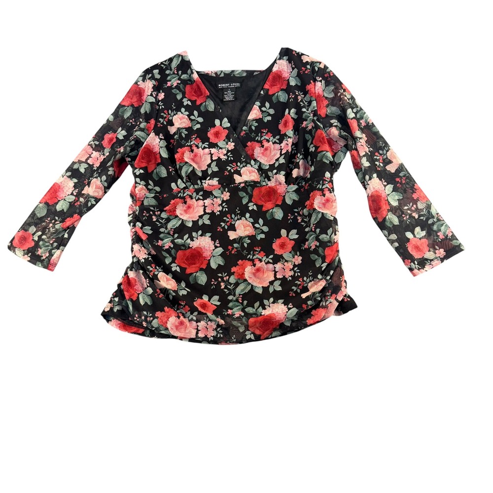 Robert Louis Womens‎ Large Black Red Floral Mesh Ruched Surplice V-Neck Blouse